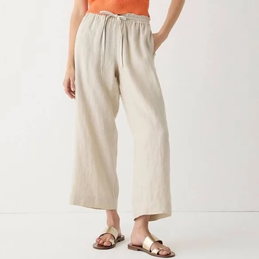 J.Crew petite wide leg seaside pull on linen pant in flax (light tan).